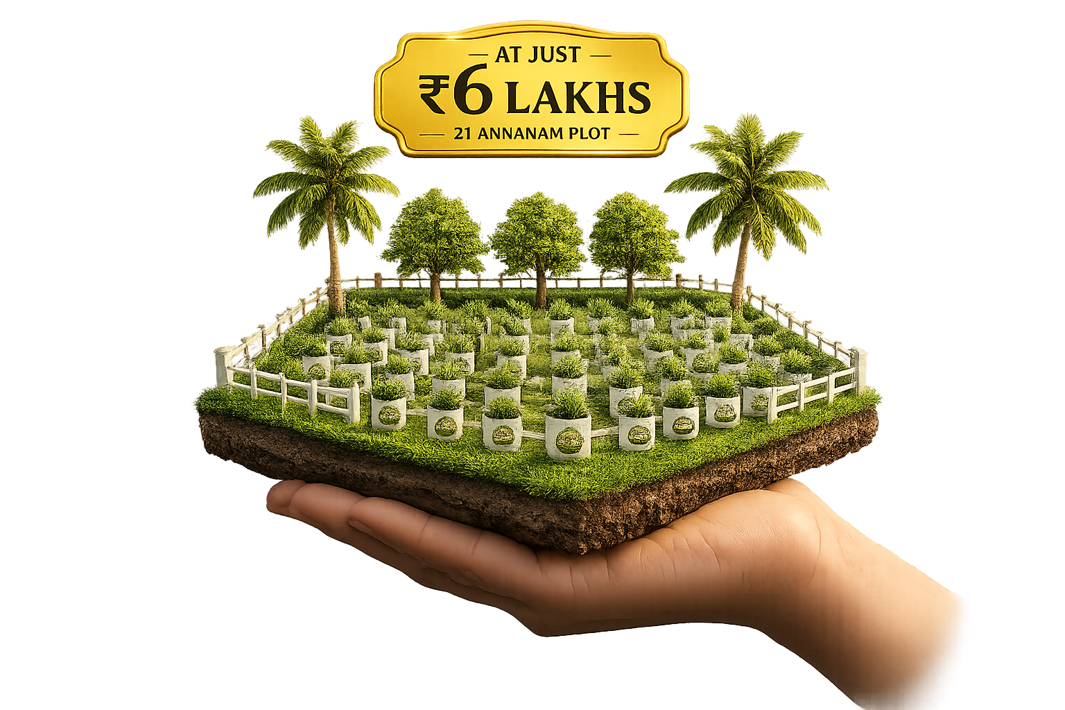 A hand holding a 21-ankanam Zyra Farms plot with vetiver grow bags — at just ₹6 Lakhs