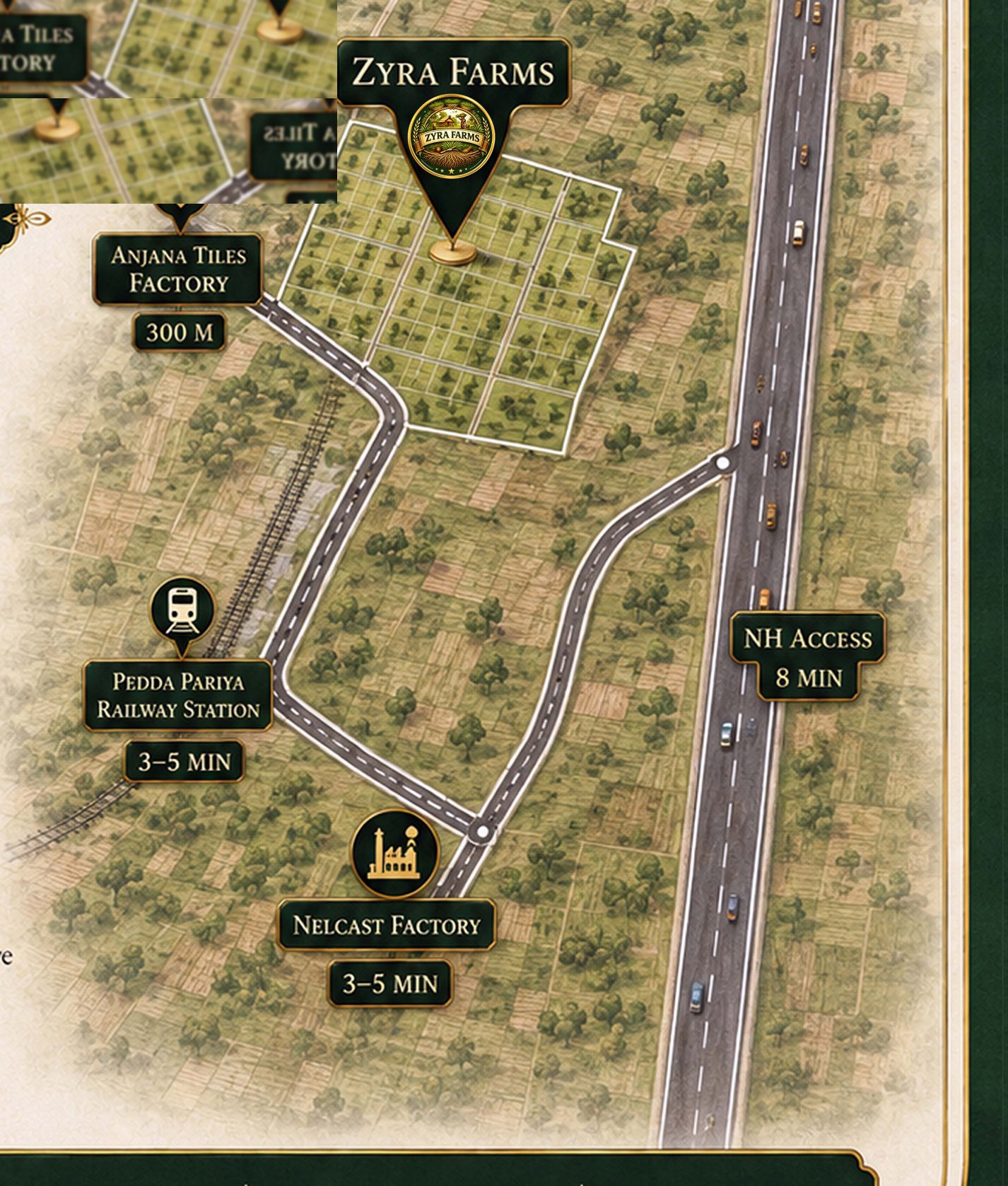 Illustrated location map of Zyra Farms with nearby landmarks